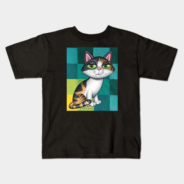 Cute Calico Cat on Greenish and yellow squares Kids T-Shirt by Danny Gordon Art